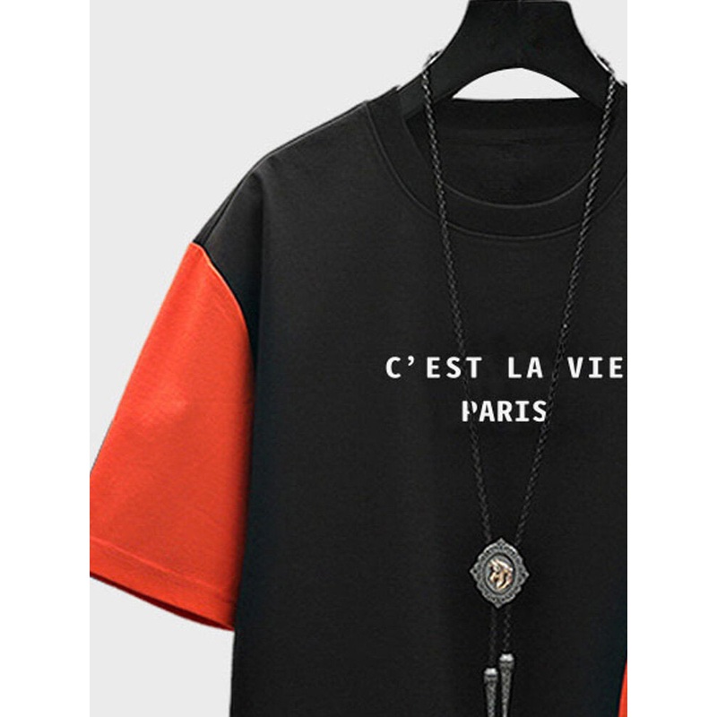 Mens Letter Print Color Block Patchwork Short Sleeve T-shirts