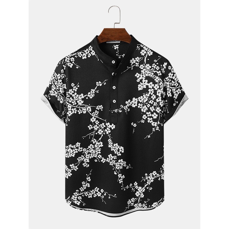 Mens Monochrome Floral Print Texture Short Sleeve Henley Shirts