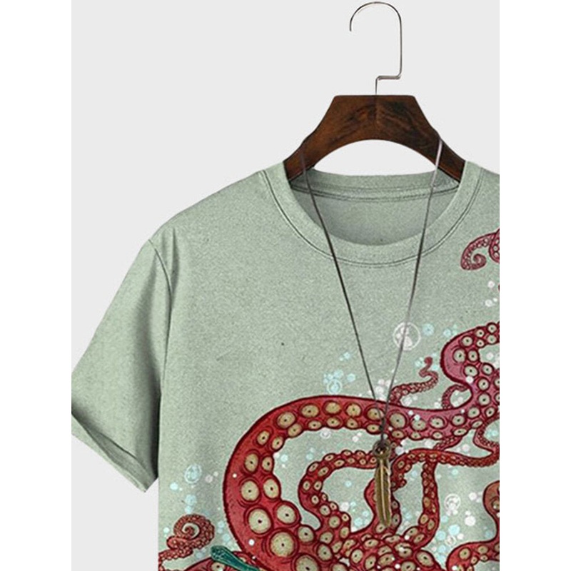 Mens Octopus Print Crew Neck Short Sleeve T-Shirts