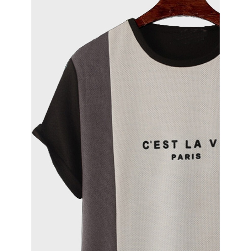 Mens Patchwork Curved Hem Crew Neck Short Sleeve T-Shirts