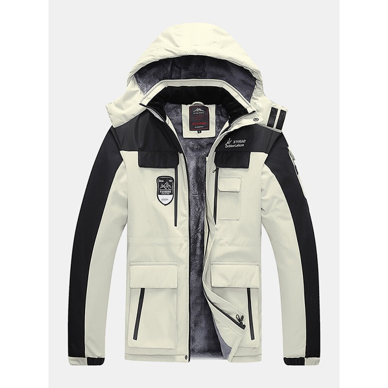 Mens Patchwork Windproof Warm Thick Fleece Lined Hooded Coats With  Pocket