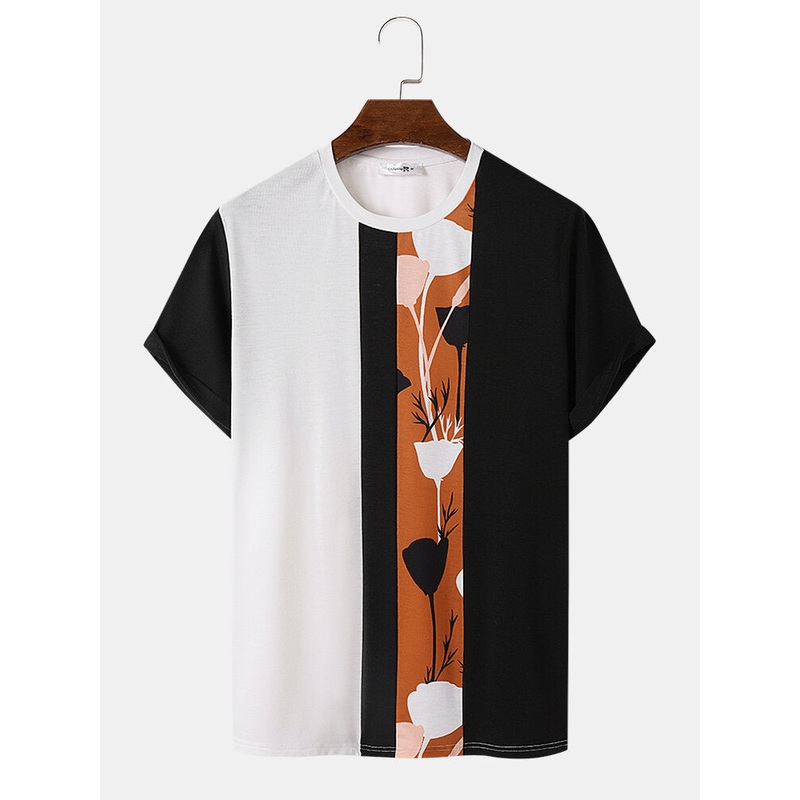 Mens Plants Color Block Patchwork Crew Neck Short Sleeve T-Shirts