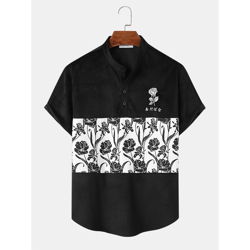 Mens Rose Japanese Embroidered Patchwork Corduroy Short Sleeve Henley Shirts