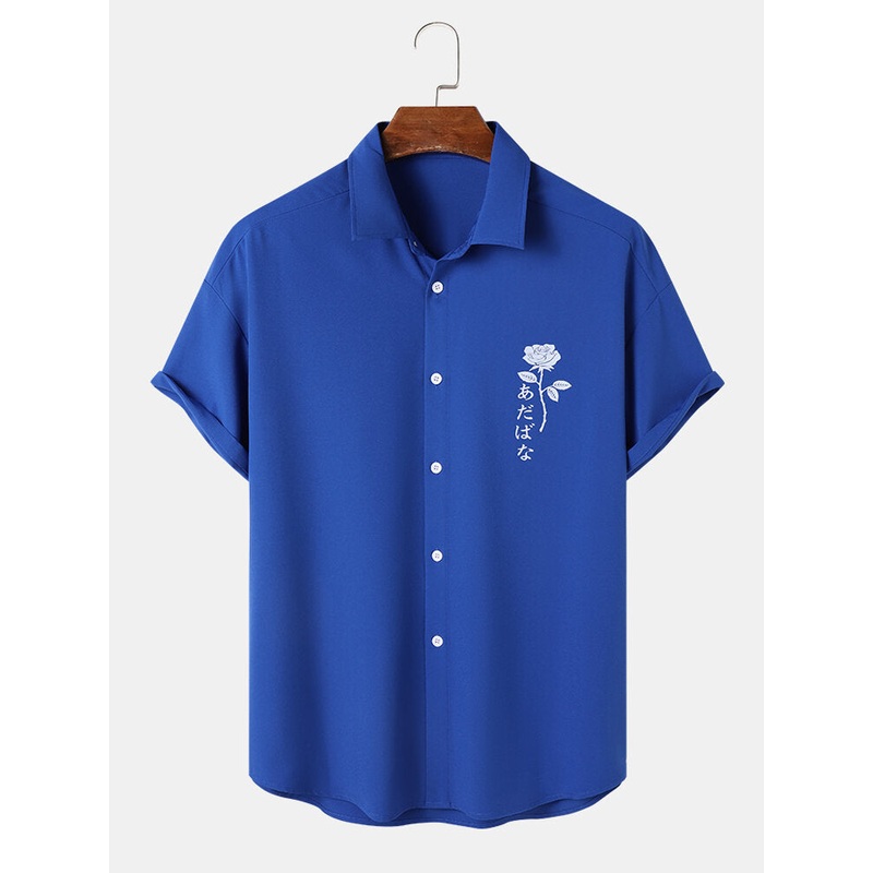 Mens Rose Japanese Print Button Up Casual Short Sleeve Shirts