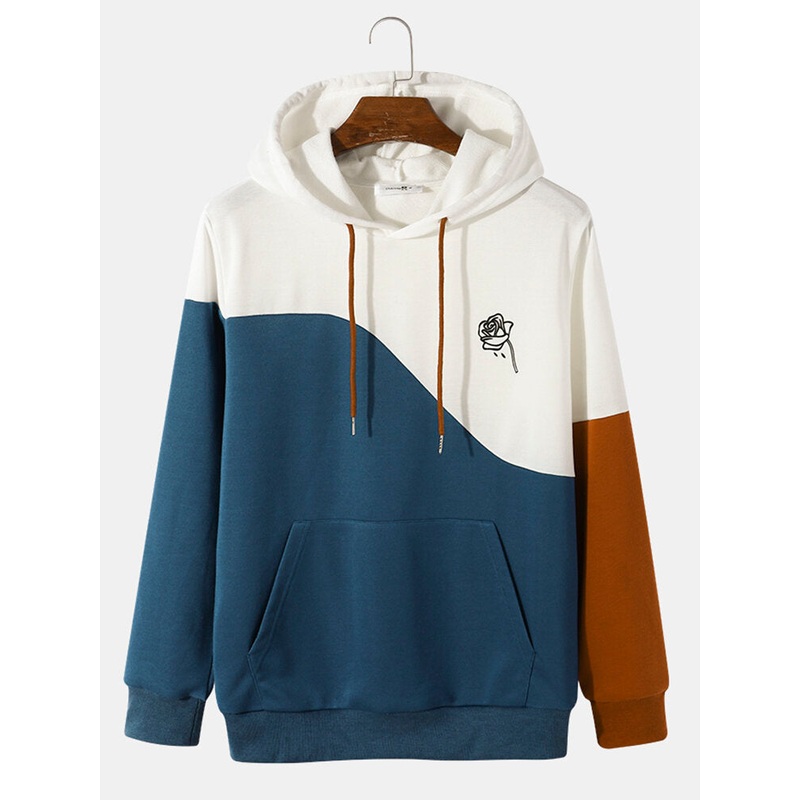 Mens Rose Three Color Block Vintage Flower Printed Hoodies