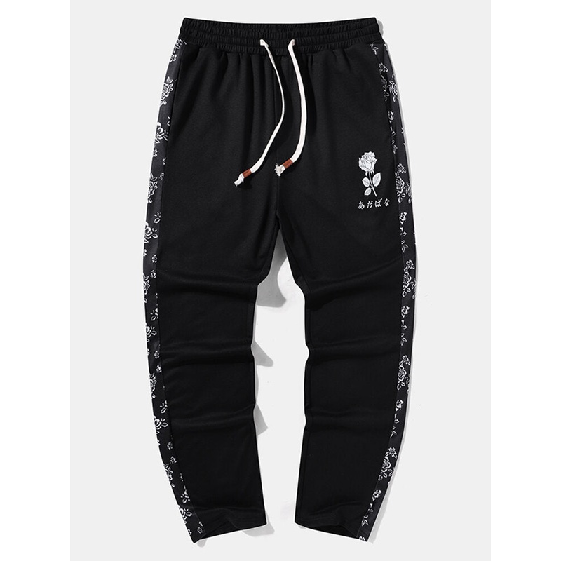 Mens Side Rose Print Ribbon Loose Drawstring Pants