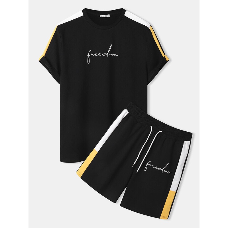 Mens Side Stripe Embroidered Crew Neck Cotton Two Pieces Outfits