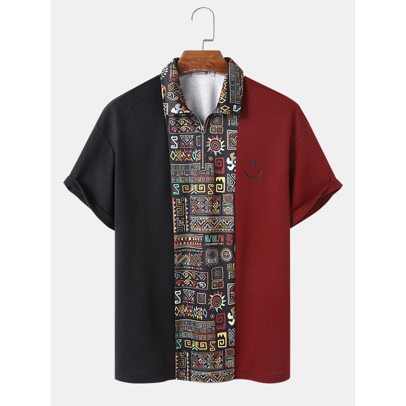 Mens Smile Face & Geometric Print Patchwork Short Sleeve Golf Shirts