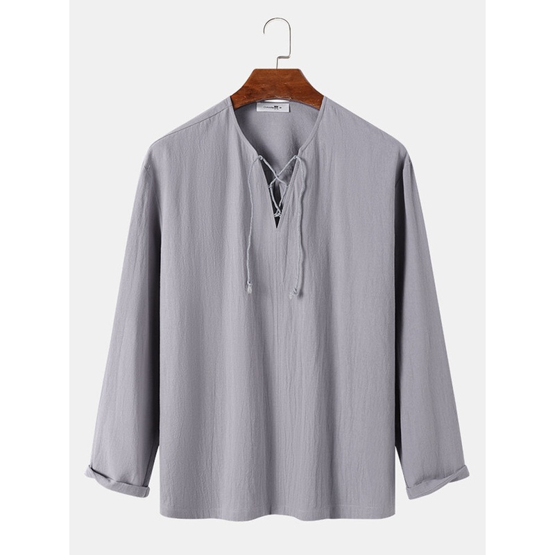 Mens Solid Color Bandage V-Neck Cotton Long Sleeve T-Shirts