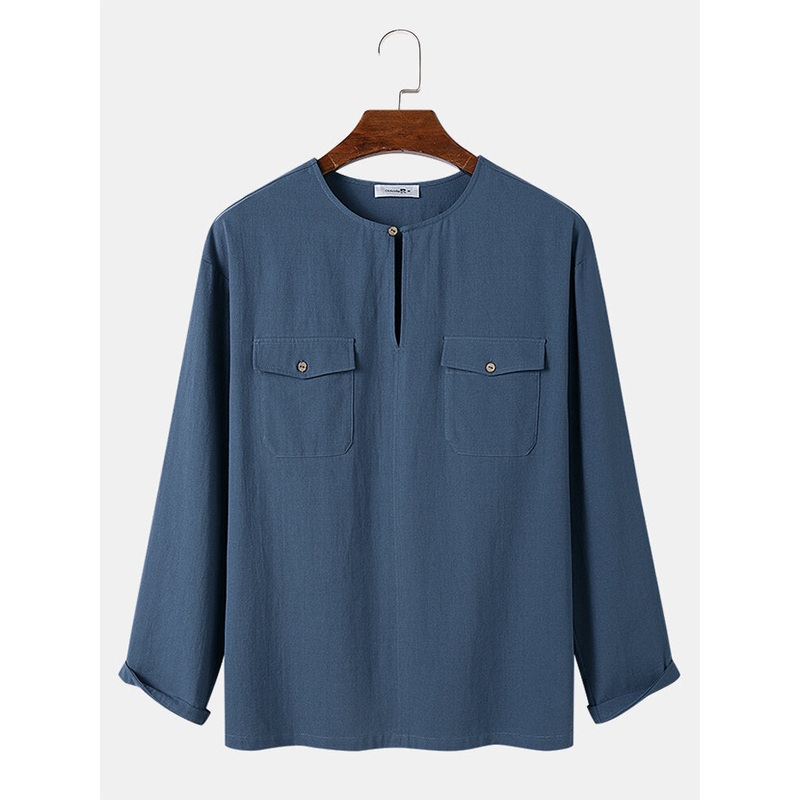 Mens Solid Color Button Neck Flap Pocket Cotton Long Sleeve T-Shirts