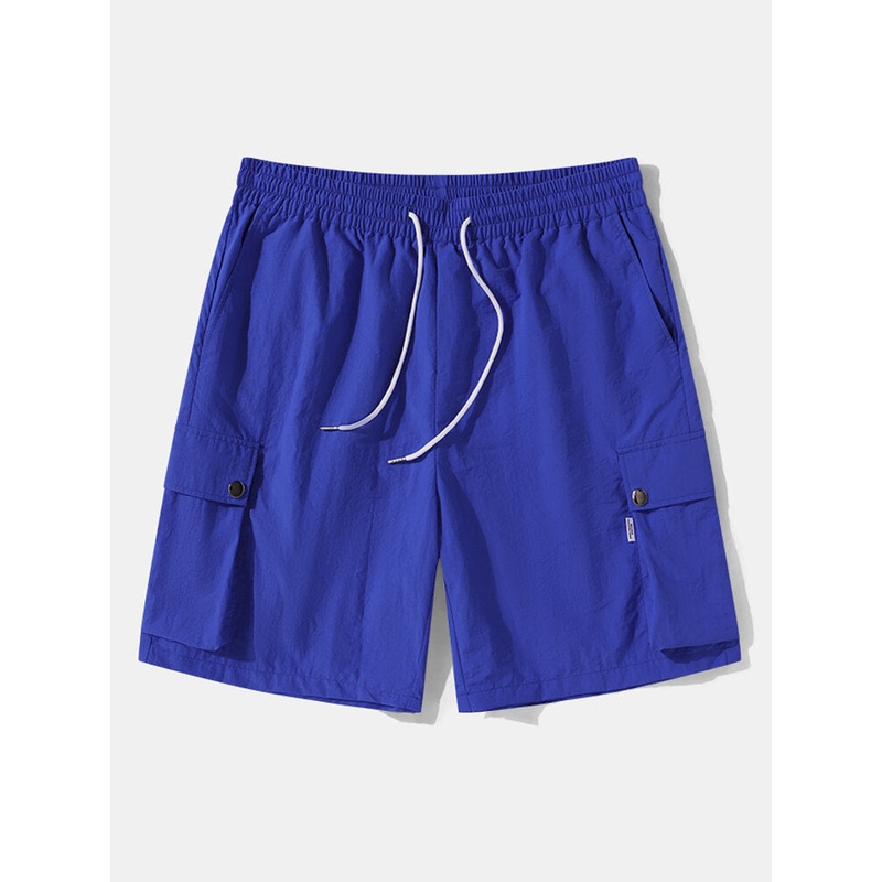 Mens Solid Color Textured Flap Pocket Loose Casual Cargo Shorts