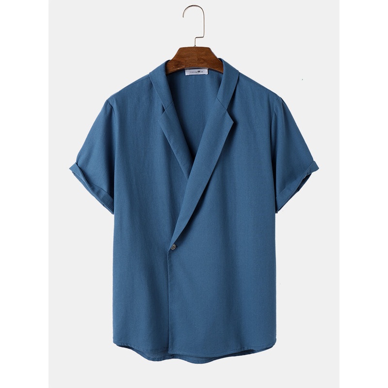 Mens Solid Lapel One Button Cotton Short Sleeve Shirts