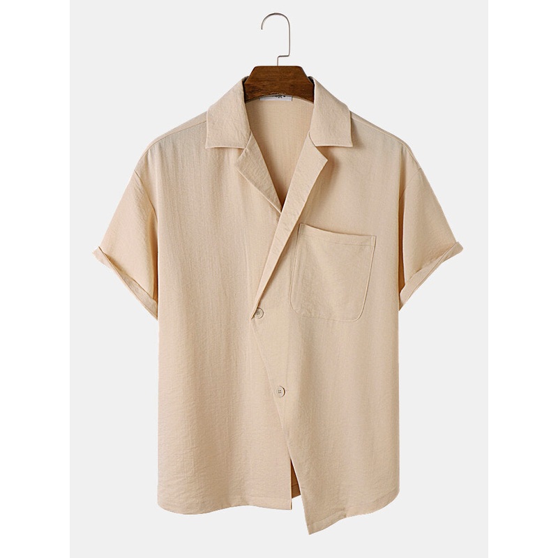 Mens Solid Revere Collar Asymmetrical Placket Short Sleeve Shirts