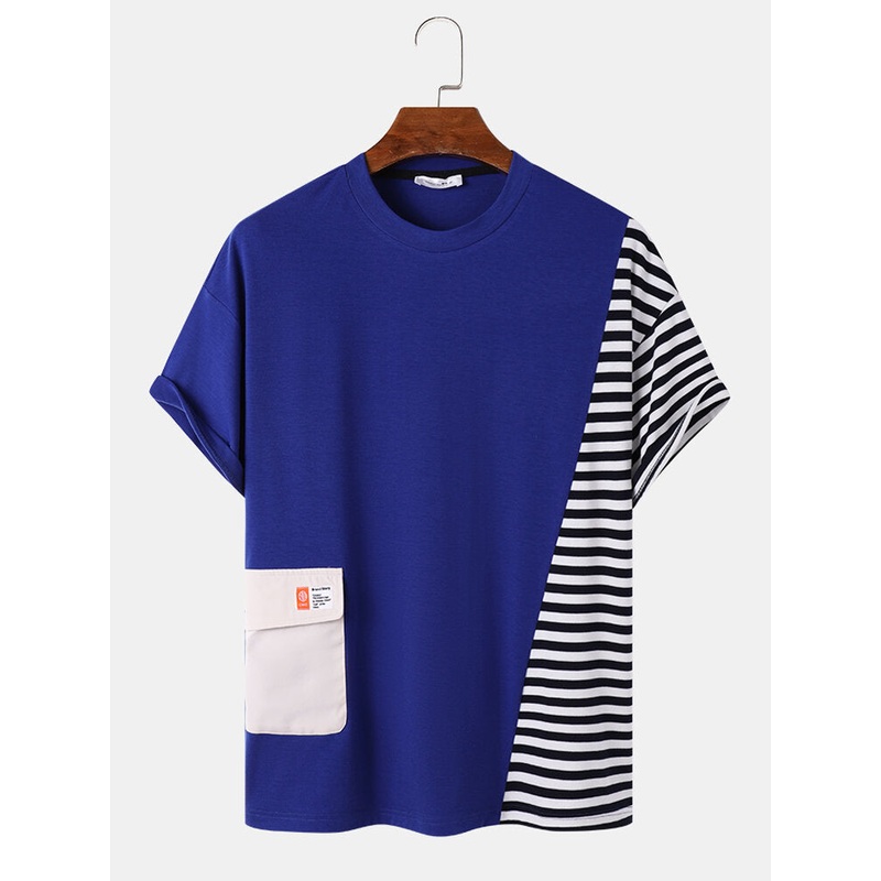Mens Stripe Patchwork Flap Pocket Casual Short Sleeve T-Shirts