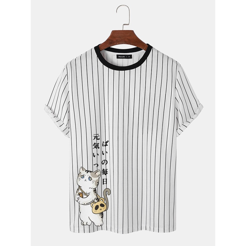 Mens Striped Cartoon Cat Print Short Sleeve T-Shirts