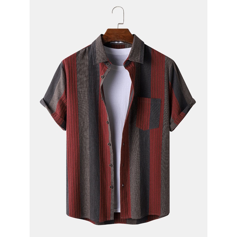 Mens Striped Chest Pocket Button Up Cotton Short Sleeve Shirts