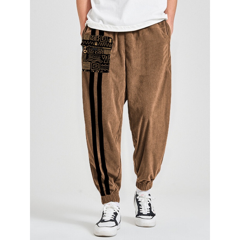 Mens Striped Patchwork Pocket Beam Feet Pants