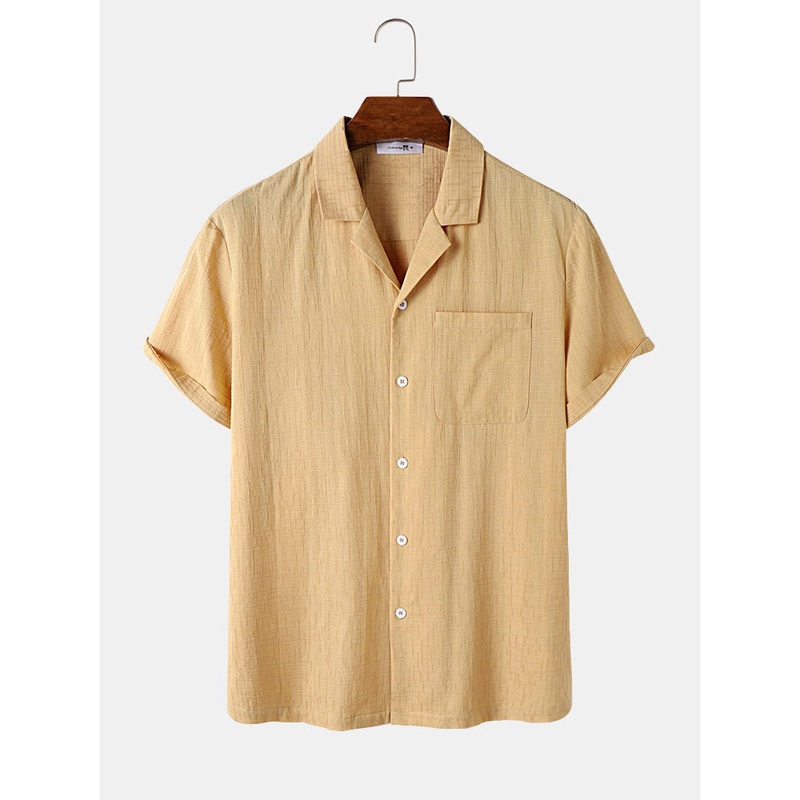 Mens Textured Revere Collar Solid Cotton Short Sleeve Shirts