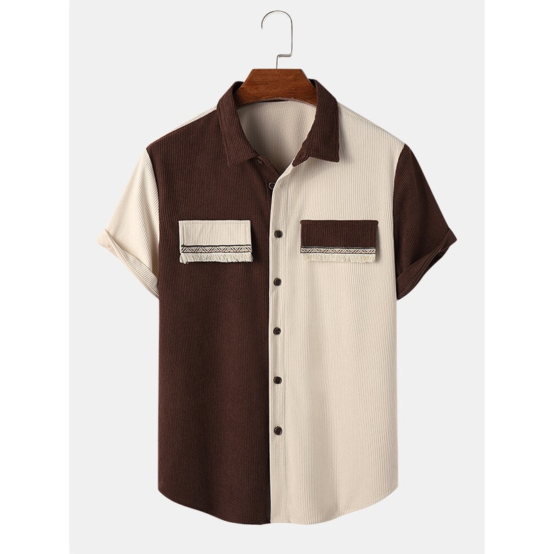 Mens Two Tone Patchwork Tassel Detail Corduroy Short Sleeve Shirts