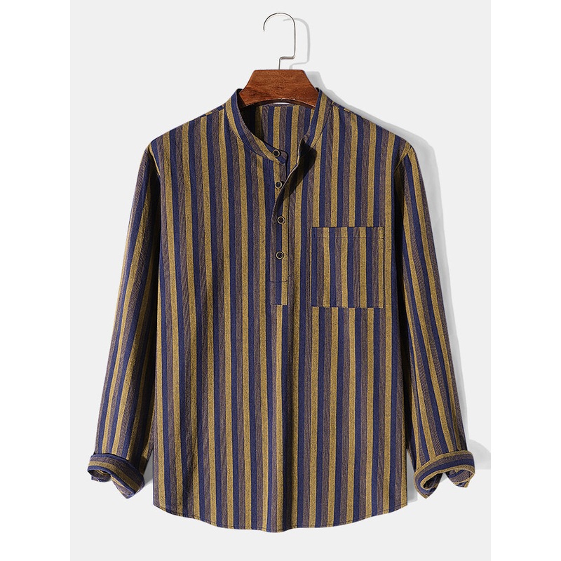 Mens Vertical Striped Chest Pocket Cotton Long Sleeve Henley Shirts