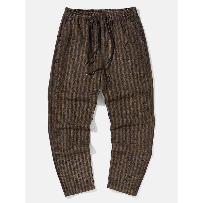 Mens Vertical Striped Cotton Daily Drawstring Waist Pants