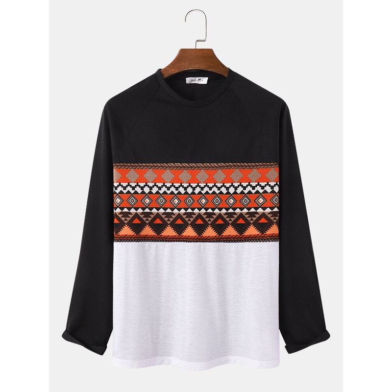Mens Vintage Argyle Pattern Stitching Crew Neck Long Sleeve T-Shirts