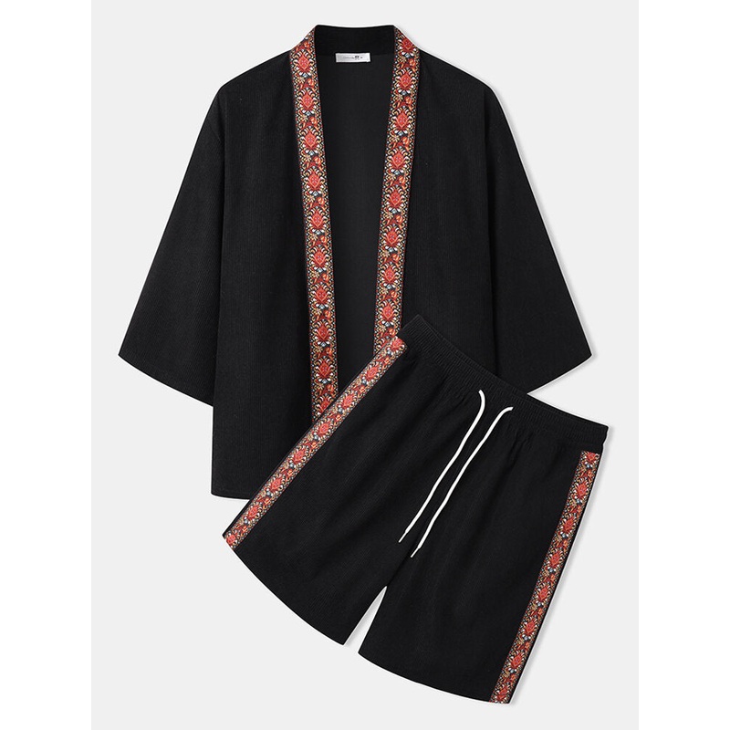 Mens Vintage Floral Ribbon Kimono Corduroy Two Pieces Outfits