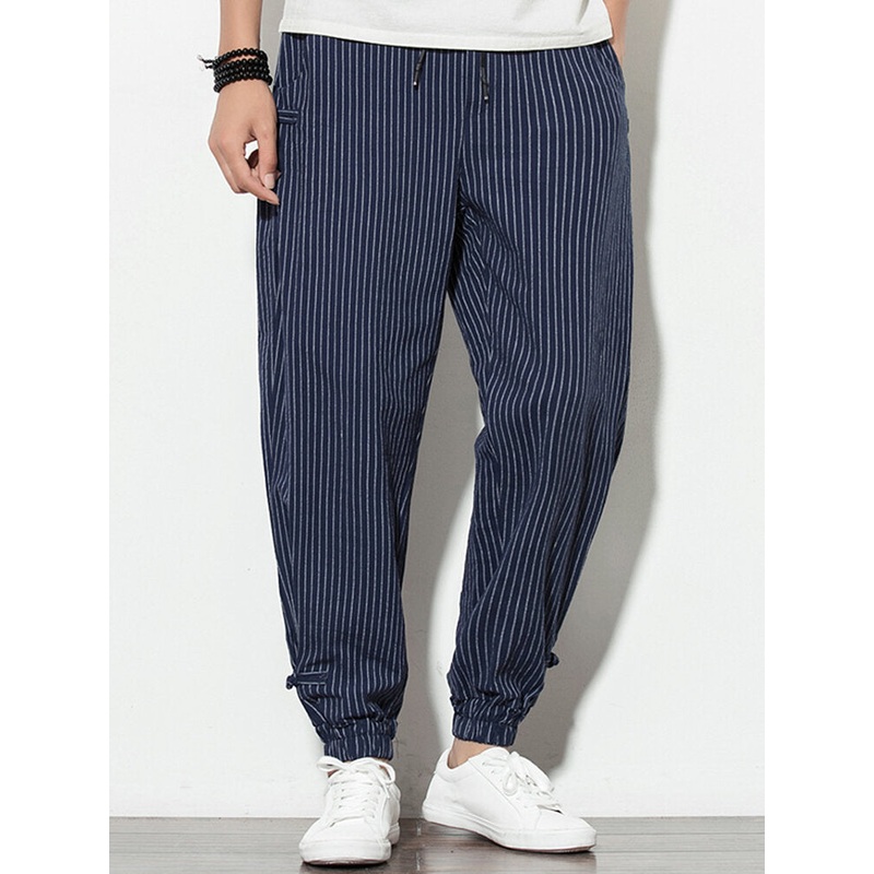 Mens Vintage Stripe 100% Cotton Solid Color Drawstring Casual Pants