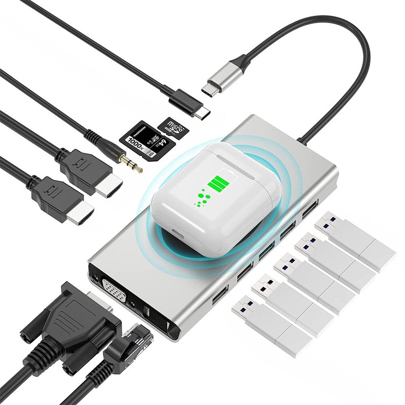 Pobod 14 in 1 Type-C Docking Station with Wireless Charger USB3.0*3 USB2.0*2 PD100W USB-C 4K@30Hz HDMI*2 VGA RJ45 SD/TF Card Reader Slot 3.5mm Audio Multiport Hub Splitter Adaptor for PC Laptop