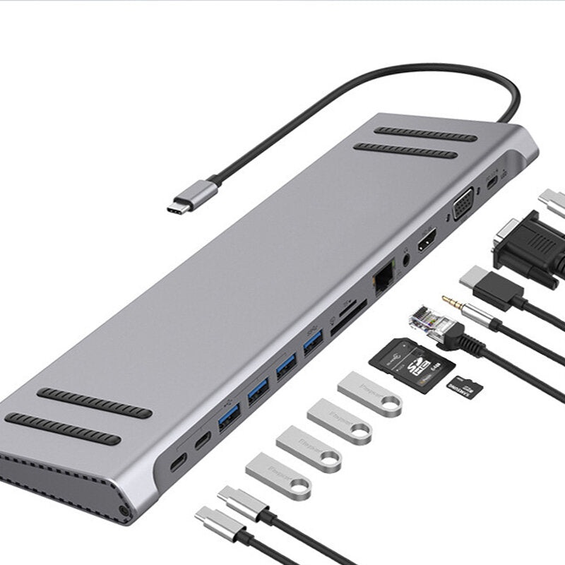 13 in 1 Type-C Docking Station USB-C Hub Splitter Adaptor with USB2.0*3 USB3.0 Type-C*3 HDMI RJ45 VGA SD/TF Card Reader Slot 3.5mm Audio Multiport Hub for PC Laptop