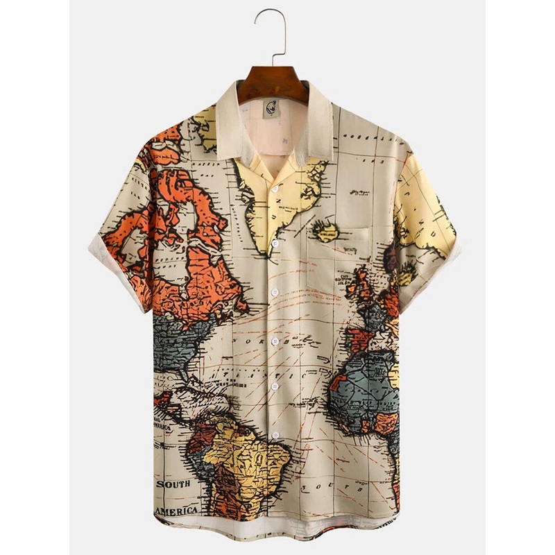 Mens All Over World Map Print Lapel Short Sleeve Shirts