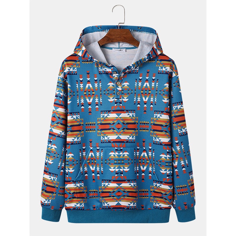 Mens Allover Geometric Print Quarter Button Kangaroo Pocket Hoodies