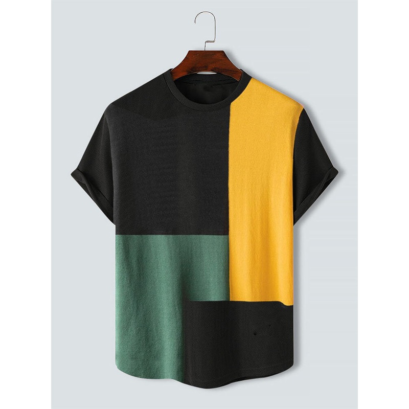 Mens Color Block Patchwork Crew Neck Short Sleeve T-shirts