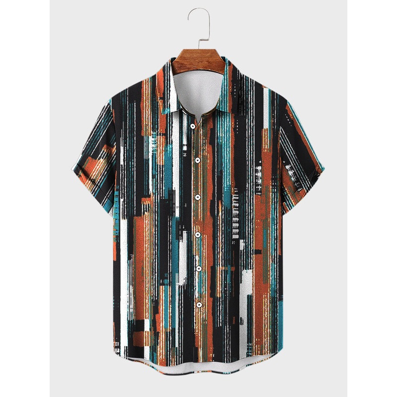 Mens Colorful Striped Print Lapel Holiday Short Sleeve Shirts
