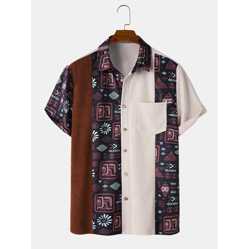 Mens Ethnic Tribal Pattern Patchwork Corduroy Short Sleeve Shirts