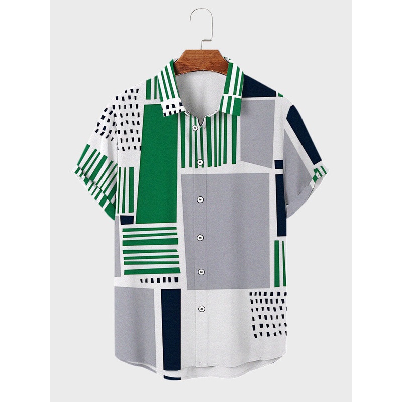 Mens Geometric Color Block Print Lapel Short Sleeve Shirts
