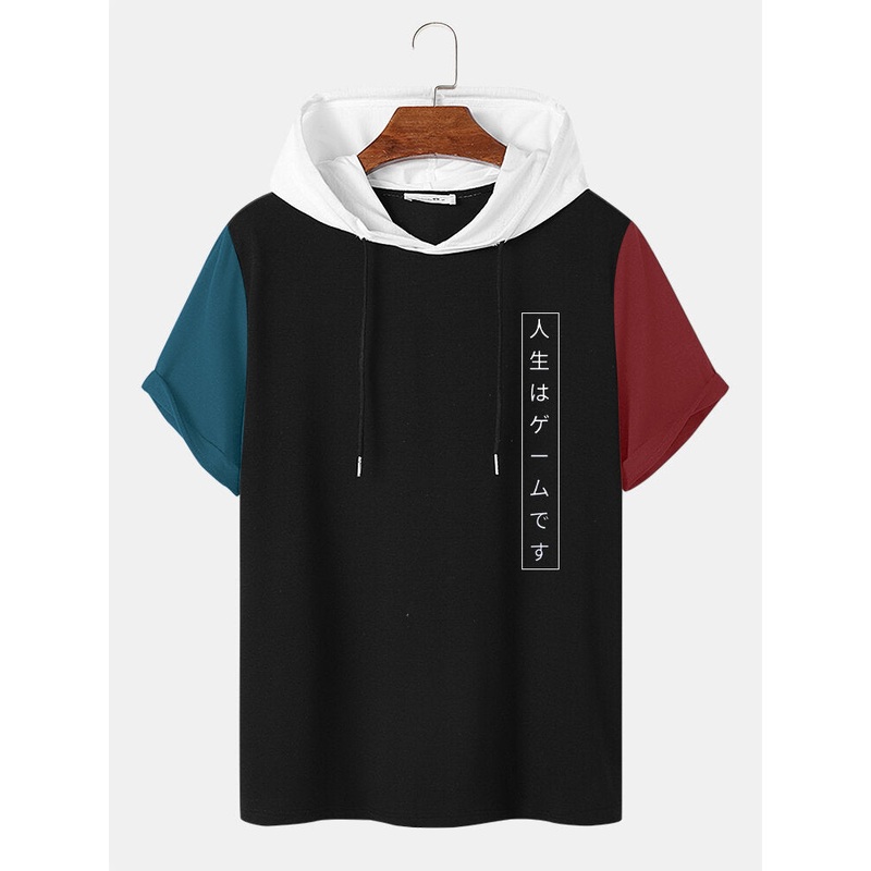 Mens Japanese Print Patchwork Short Sleeve Hooded T-Shirts