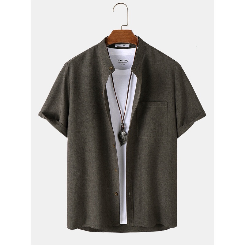Mens Solid Stand Collar Pocket Cotton Short Sleeve Shirts