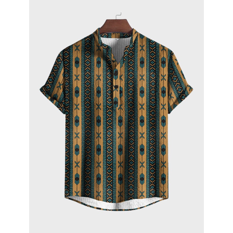 Mens Vintage Geometric Print Ethnic Loose Short Sleeve Henley Shirts