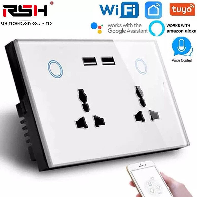 SW004 Tuya 2-Port WiFi Wall Socket Tempered Glass Panel with 2USB+2 Power Outlet Wall-mounted Universal Socket Switch