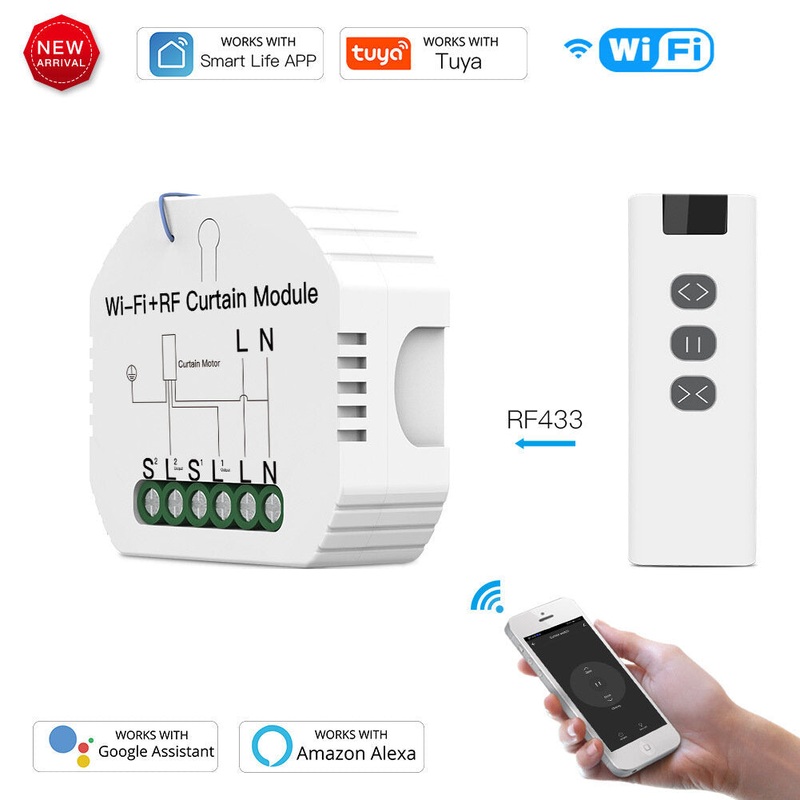 Tuya WiFi Smart RF433 Blind Shutter Curtain Switch with Remote APP Timing Function Voice Control with Alexa Google Assistant