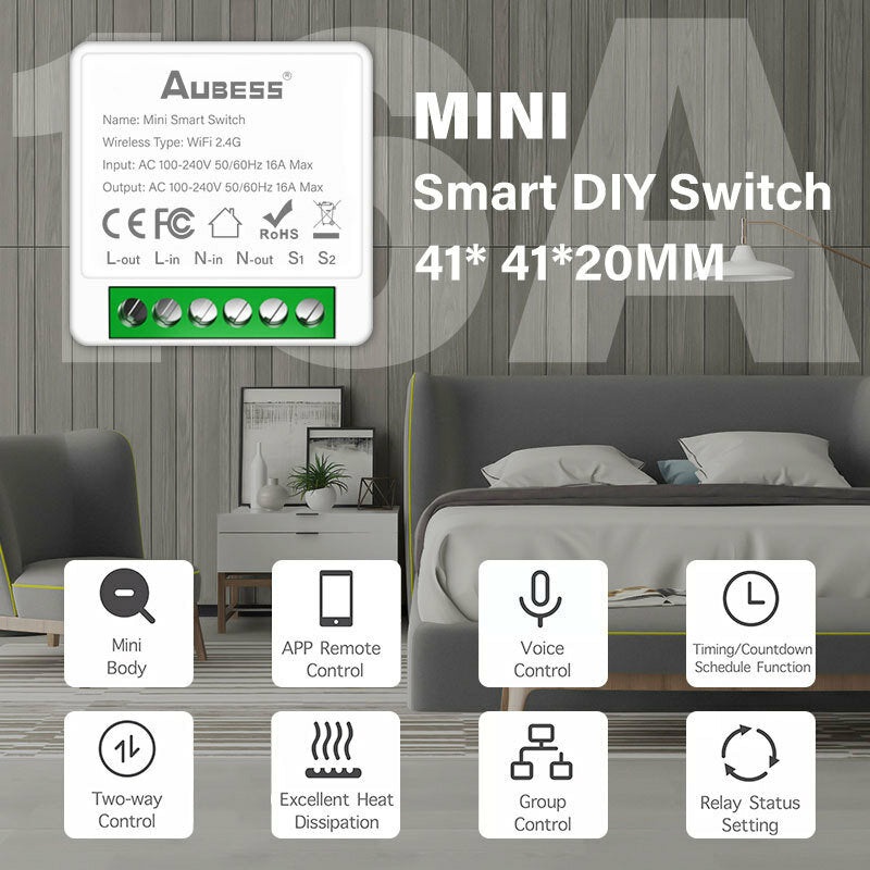 Wi-Fi Mini Smart Switch Wi-Fi Wireless DIY Light Switches 16A Smart Home Control With Tuya Smart Life Alexa Google Home