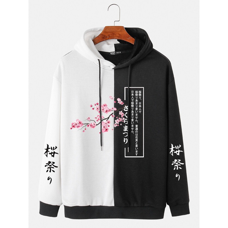ChArmkpR Mens Cherry Blossoms Japanese Print Two Tone Patchwork Street Drawstring Hoodies