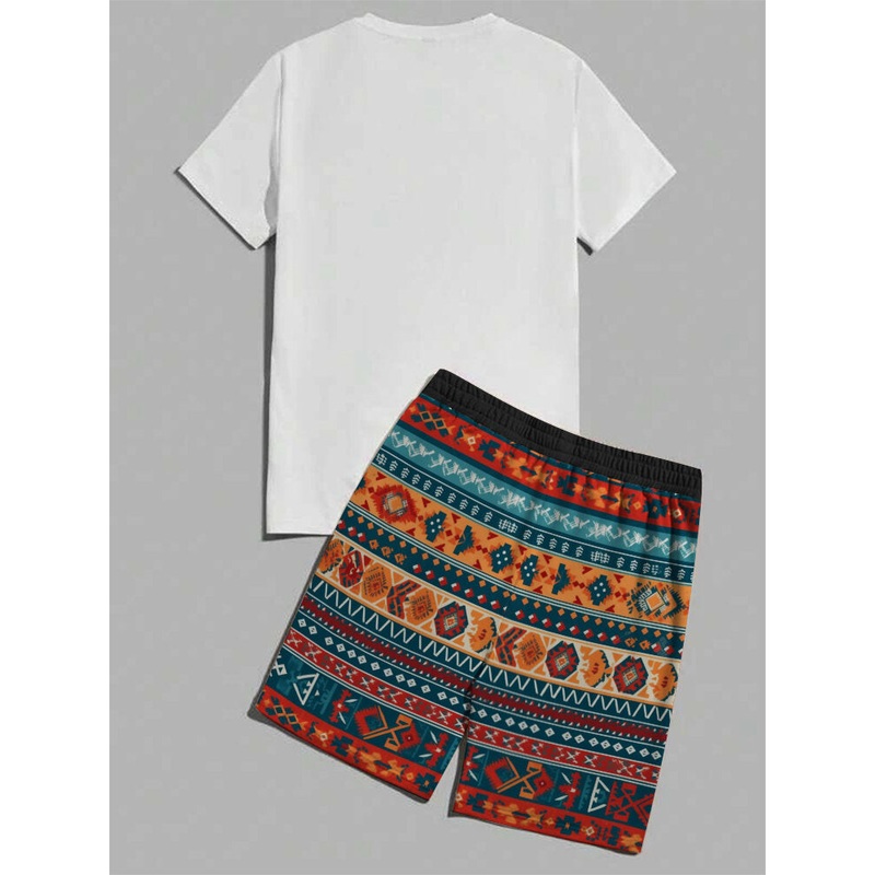 ChArmkpR Mens Colorful Geometric Print Crew Neck Ethnic Two Pieces Outfits