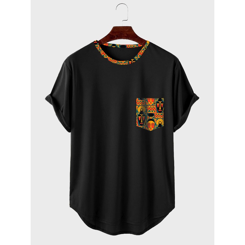 ChArmkpR Mens Ethnic Figure Face Print Patchwork Curved Hem Short Sleeve T-Shirts