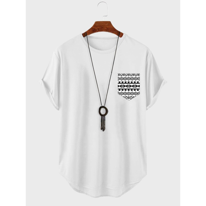 ChArmkpR Mens Ethnic Geometric Print Chest Pocket Curved Hem Short Sleeve T-Shirts