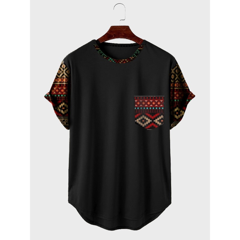 ChArmkpR Mens Ethnic Geometric Print Patchwork Chest Pocket Curved Hem T-Shirts