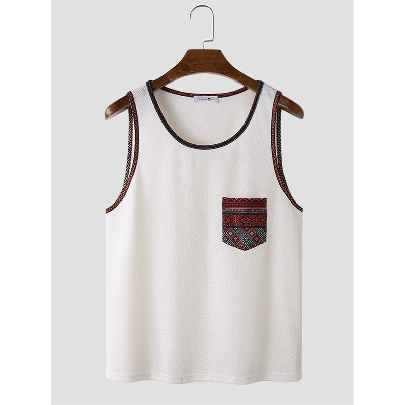 ChArmkpR Mens Ethnic Geometric Trim Print Knit Sleeveless Tanks