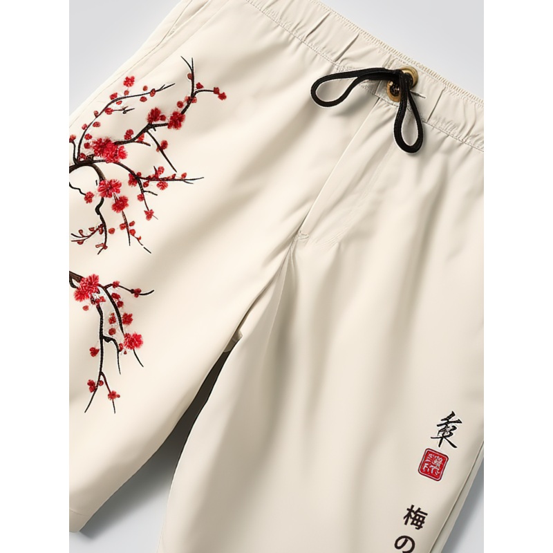 ChArmkpR Mens Japanese Plum Bossom Print Drawstring Waist Shorts