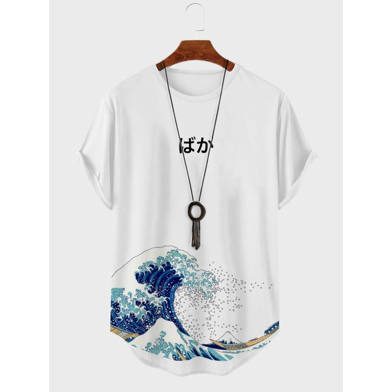 ChArmkpR Mens Japanese Ukiyoe Print Curved Hem Short Sleeve T-Shirts